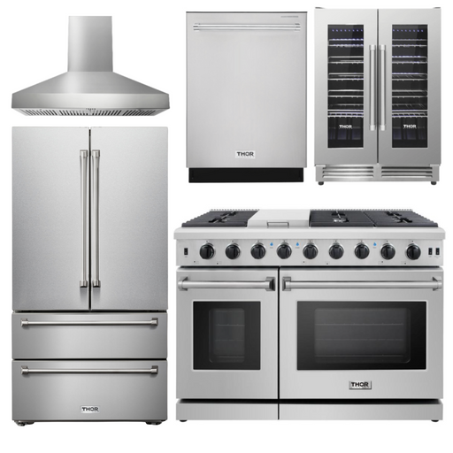 THOR Package - 48" Gas Range, Range Hood, Refrigerator, Dishwasher, Wine Cooler, AP-LRG4807U-W-3