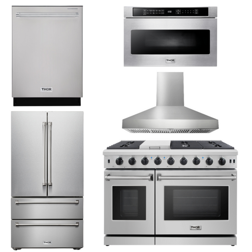 THOR Kitchen Package - 48" Gas Range, Range Hood, Dishwasher, Refrigerator, Microwave, AP-LRG4807U-W-5