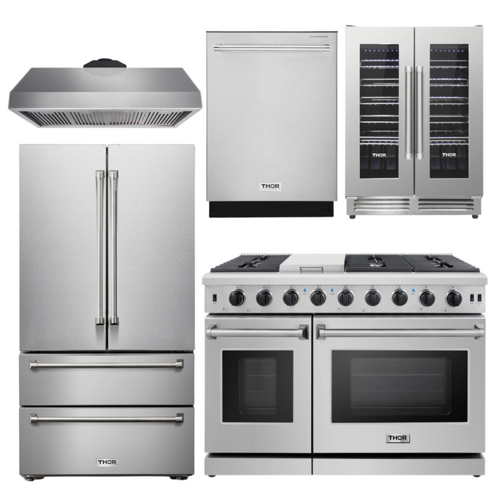 THOR Kitchen Package - 48" Propane Gas Range, Range Hood, Refrigerator, Dishwasher, Wine Cooler, AP-LRG4807ULP-4