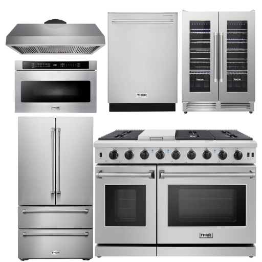 THOR Kitchen Package - 48" Propane Gas Range, Range Hood, Refrigerator, Dishwasher, Wine Cooler, Microwave, AP-LRG4807ULP-8