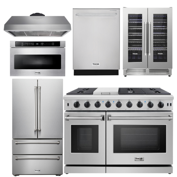 THOR Kitchen Package - 48" Propane Gas Range, Range Hood, Refrigerator, Dishwasher, Wine Cooler, Microwave, AP-LRG4807ULP-8