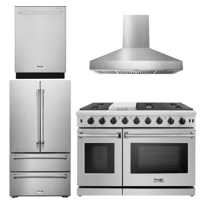 THOR Kitchen Package - 48" Propane Gas Range, Range Hood, Dishwasher, Refrigerator, AP-LRG4807ULP-W-2