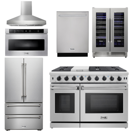 THOR Kitchen Package - 48" Propane Gas Range, Range Hood, Refrigerator, Dishwasher, Wine Cooler, Microwave, AP-LRG4807ULP-W-6