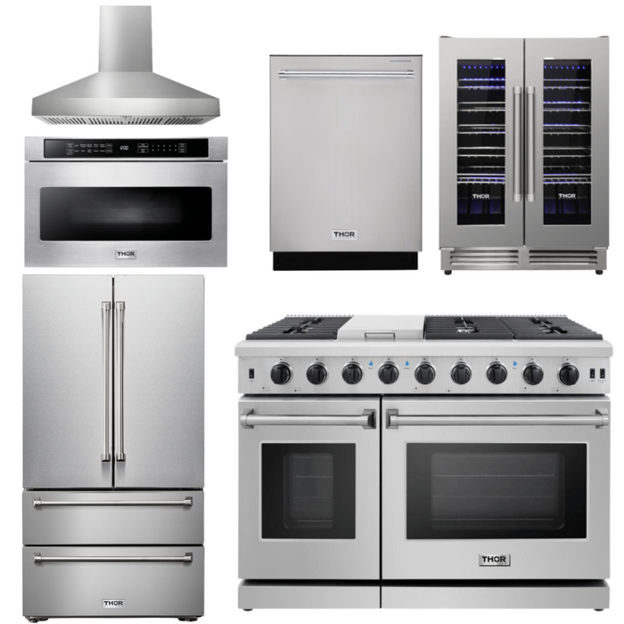 THOR Kitchen Package - 48" Propane Gas Range, Range Hood, Refrigerator, Dishwasher, Wine Cooler, Microwave, AP-LRG4807ULP-W-6