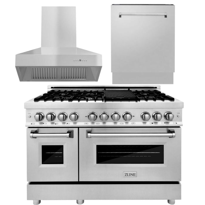 ZLINE Appliance Package - 48 In. Dual Fuel Range, 700CFM Range Hood, 3 Rack Dishwasher, 3KP-RARHC48-DWV