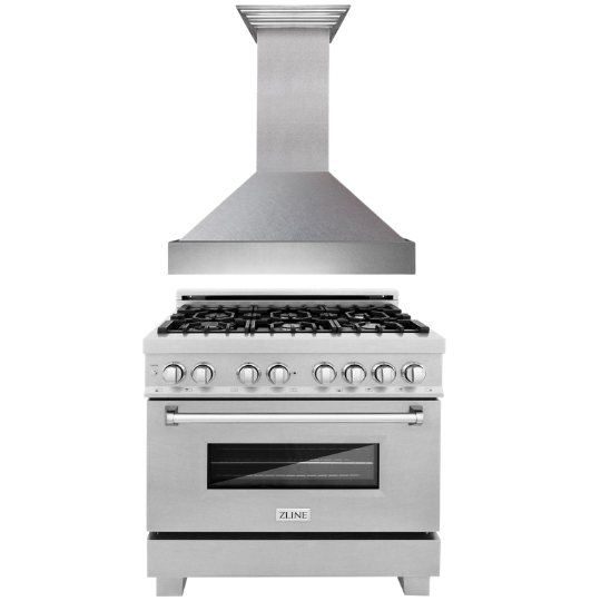 ZLINE 36 in. Dual Fuel Range & 36 in. Range Hood in DuraSnow® Appliance Package, 2KP-RASSNRH36