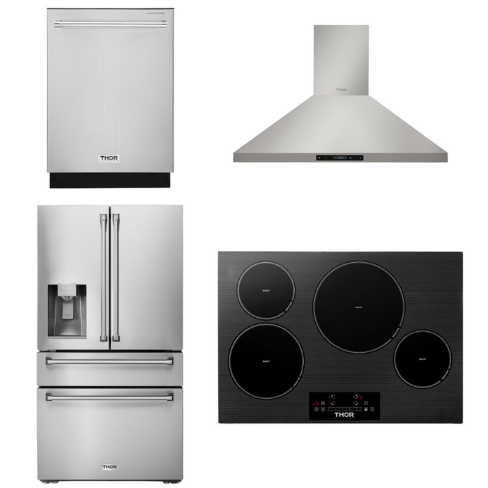 Thor Kitchen Package - 30" Induction Cooktop, Range Hood, Refrigerator with Water and Ice Dispenser, Dishwasher, AP-TIH30-10