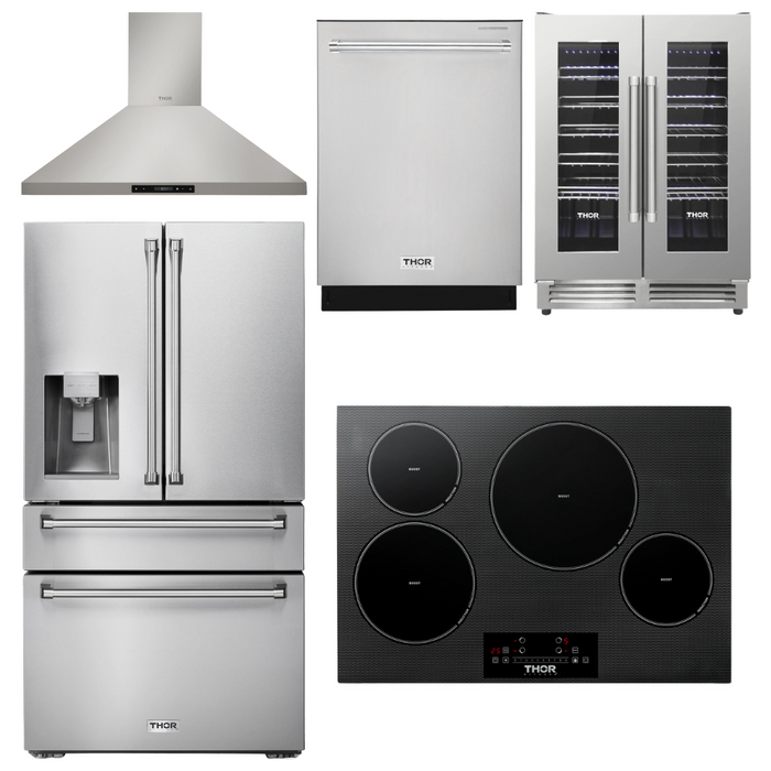 Thor Kitchen Package - 30" Induction Cooktop, Range Hood, Refrigerator with Water and Ice Dispenser, Dishwasher, Wine Cooler, AP-TIH30-11