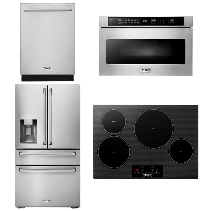 Thor Kitchen Package - 30" Induction Cooktop, Microwave, Refrigerator with Water and Ice Dispenser, Dishwasher, AP-TIH30-12