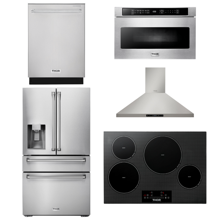 Thor Kitchen Package - 30" Induction Cooktop, Range Hood, Microwave, Refrigerator with Water and Ice Dispenser, Dishwasher, AP-TIH30-13