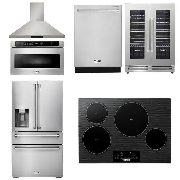 Thor Kitchen Package - 30" Induction Cooktop, Hood, Microwave, Refrigerator with Water and Ice Dispenser, Dishwasher, Wine Cooler