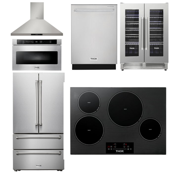 Thor Kitchen Package - 30" Induction Cooktop, Range Hood, Microwave, Refrigerator, Dishwasher, Wine Cooler, AP-TIH30-8