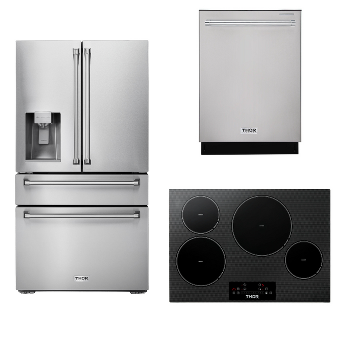 Thor Kitchen Package - 30" Induction Cooktop, Refrigerator with Water and Ice Dispenser, Dishwasher, AP-TIH30-9