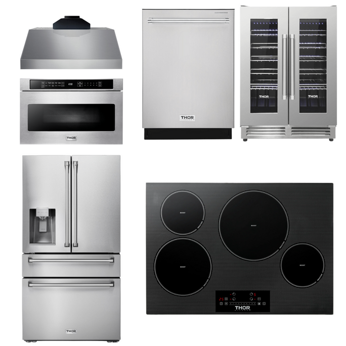 Thor Kitchen Package - 30" Induction Cooktop, Range Hood, Microwave, Refrigerator with Water and Ice Dispenser, Dishwasher, Wine Cooler, AP-TIH30-C-10