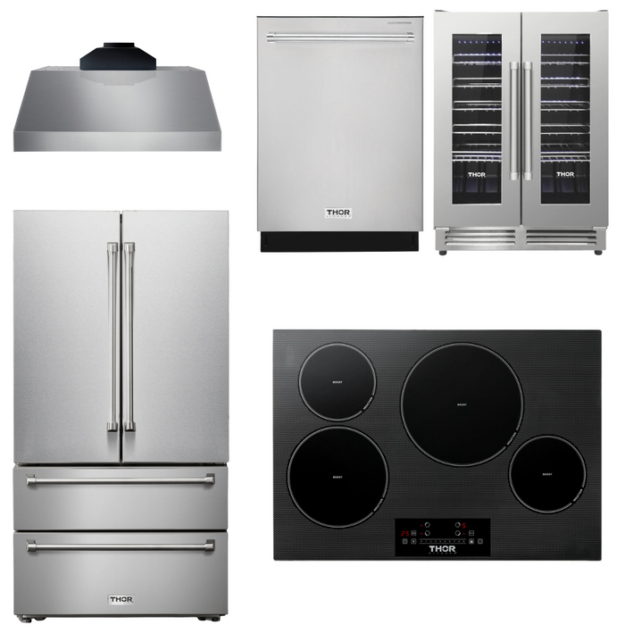 Thor Kitchen Package - 30" Induction Cooktop, Range Hood, Refrigerator, Dishwasher, Wine Cooler, AP-TIH30-C-3