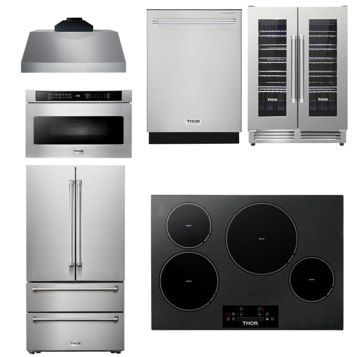 Thor Kitchen Package - 30" Induction Cooktop, Range Hood, Microwave, Refrigerator, Dishwasher, Wine Cooler, AP-TIH30-C-6