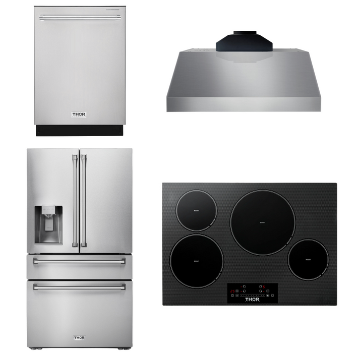 Thor Kitchen Package - 30" Induction Cooktop, Range Hood, Refrigerator with Water and Ice Dispenser, Dishwasher, AP-TIH30-C-7