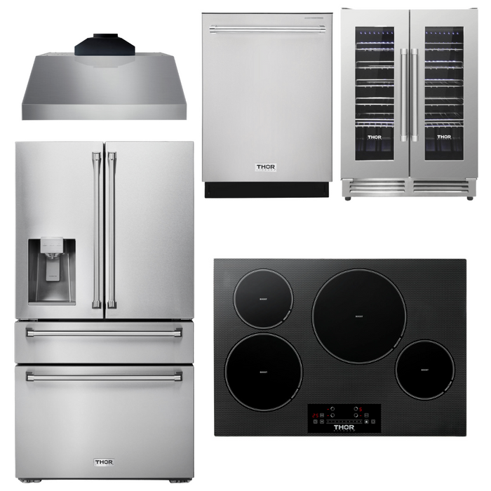 Thor Kitchen Package - 30" Induction Cooktop, Range Hood, Refrigerator with Water and Ice Dispenser, Dishwasher, Wine Cooler, AP-TIH30-C-8