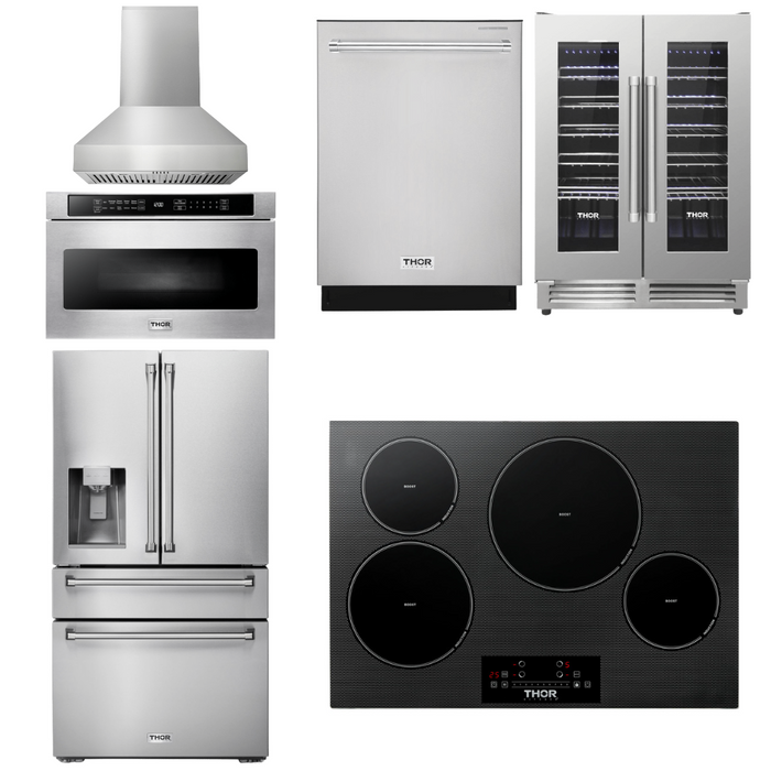 Thor Kitchen Package - 30" Induction Cooktop, Range Hood, Microwave, Refrigerator with Water and Ice Dispenser, Dishwasher, Wine Cooler