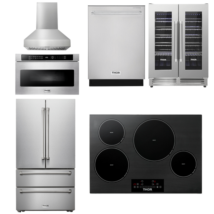 Thor Kitchen Package - 30" Induction Cooktop, Range Hood, Microwave, Refrigerator, Dishwasher, Wine Cooler, AP-TIH30-W-6