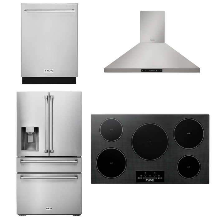 THOR Kitchen Package - 36" Induction Cooktop, Range Hood, Refrigerator with Water and Ice Dispenser, Dishwasher, AP-TIH36-10