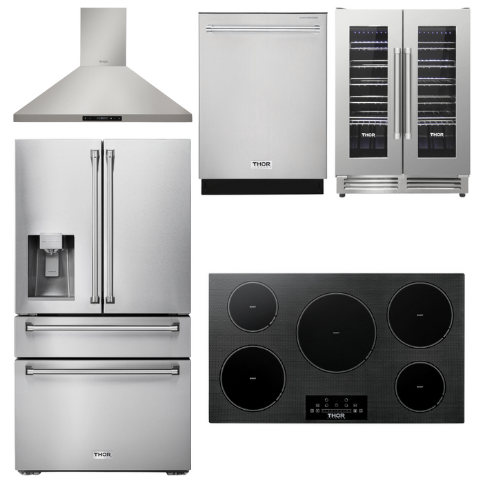 THOR Kitchen Package - 36" Induction Cooktop, Range Hood, Refrigerator with Water and Ice Dispenser, Dishwasher, Wine Cooler, AP-TIH36-11