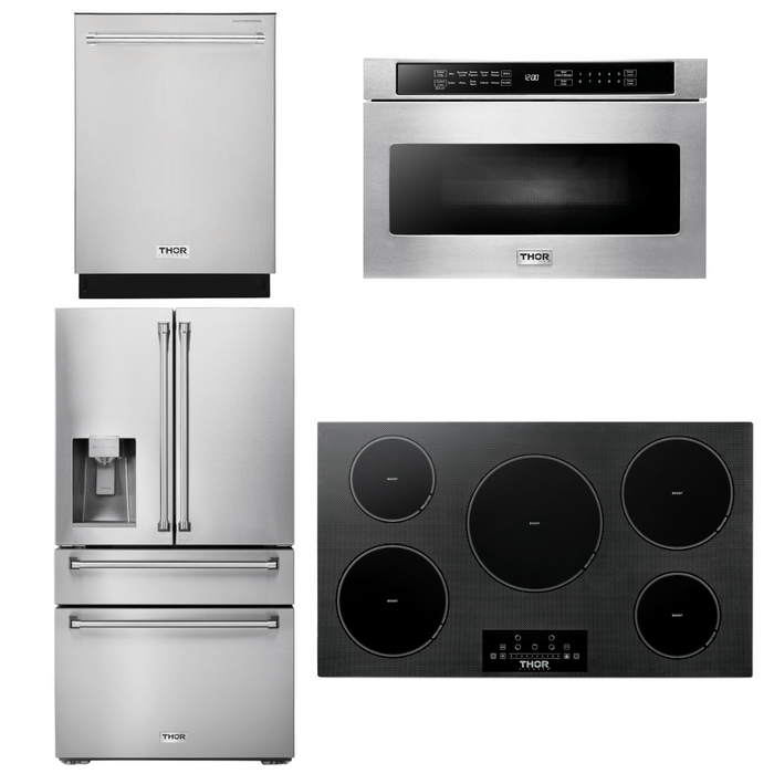 THOR Kitchen Package - 36" Induction Cooktop, Microwave, Refrigerator with Water and Ice Dispenser, Dishwasher, AP-TIH36-12