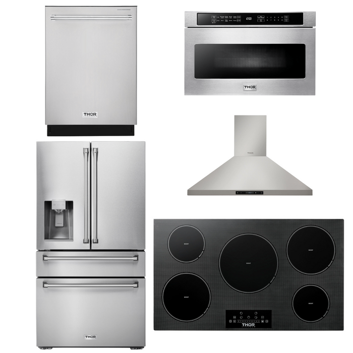 THOR Kitchen Package - 36" Induction Cooktop, Range Hood, Microwave, Refrigerator with Water and Ice Dispenser, Dishwasher, AP-TIH36-13