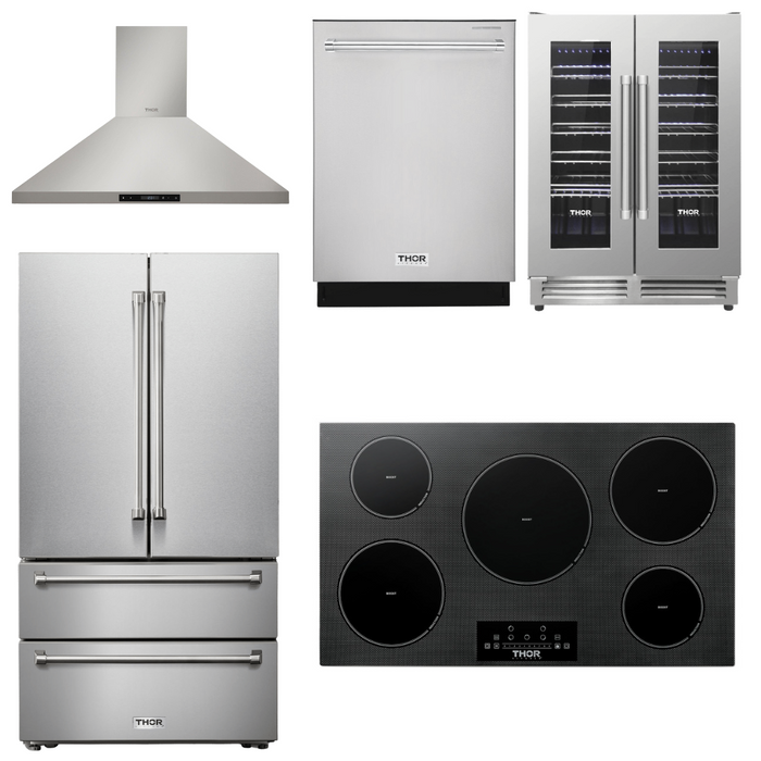 THOR Kitchen Package - 36" Induction Cooktop, Range Hood, Refrigerator, Dishwasher, Wine Cooler, AP-TIH36-4