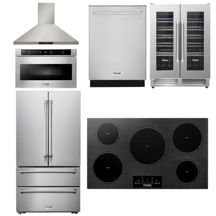 THOR Kitchen Package - 36" Induction Cooktop, Range Hood, Microwave, Refrigerator, Dishwasher, Wine Cooler, AP-TIH36-8