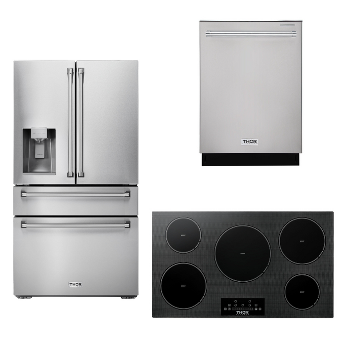 THOR Kitchen Package - 36" Induction Cooktop, Refrigerator with Water and Ice Dispenser, Dishwasher, AP-TIH36-9