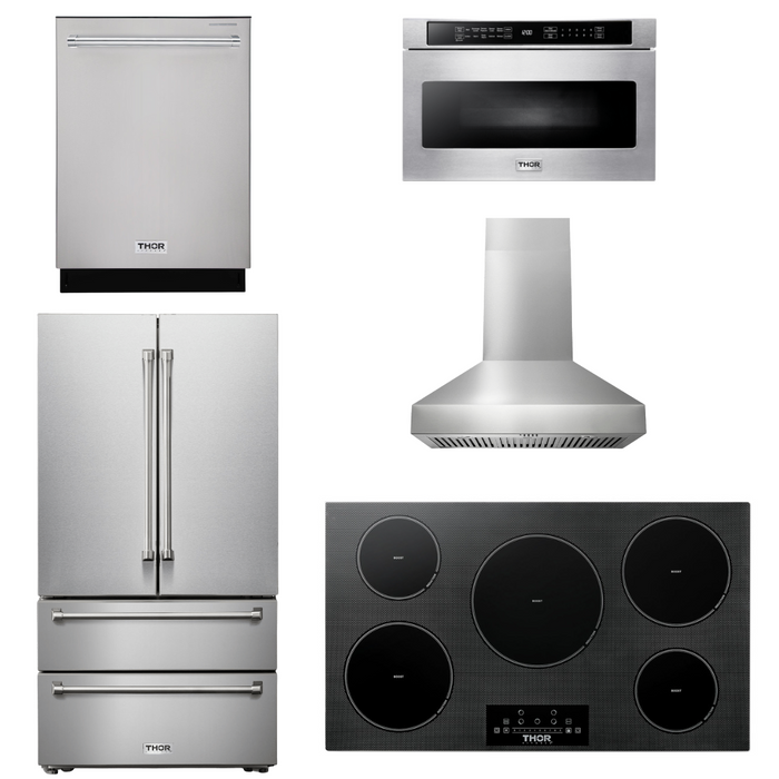 THOR Kitchen Package - 36" Induction Cooktop, Range Hood, Microwave, Refrigerator, Dishwasher, AP-TIH36-W-5