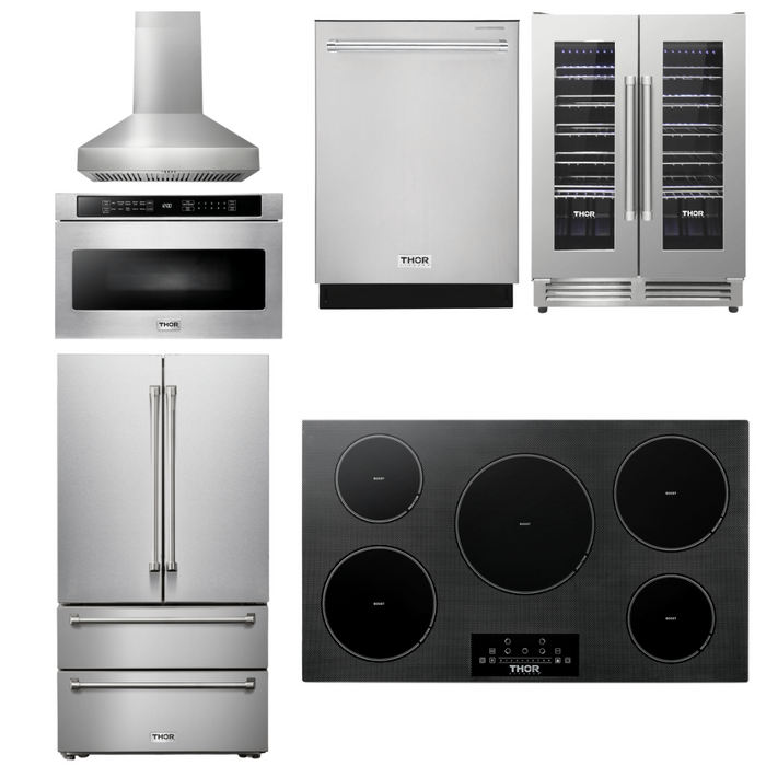 Thor Kitchen Package - 36" Induction Cooktop, Range Hood, Microwave, Refrigerator, Dishwasher, Wine Cooler, AP-TIH36-W-6