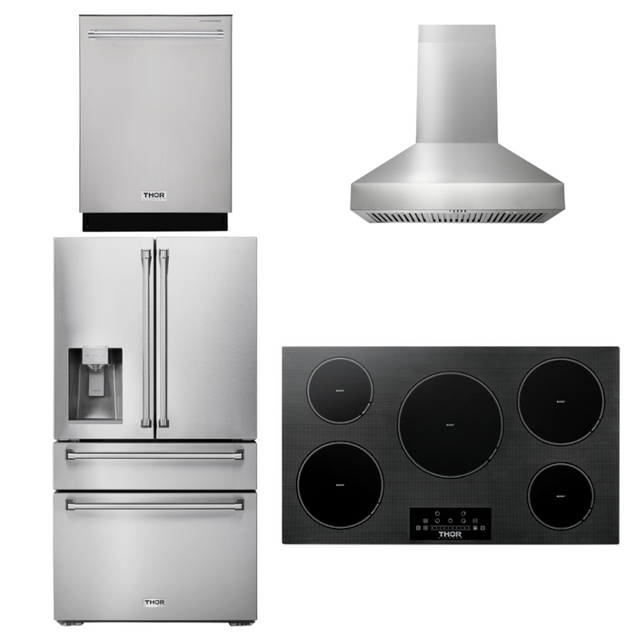 Thor Kitchen Package - 36" Induction Cooktop, Range Hood, Refrigerator with Water and Ice Dispenser, Dishwasher, AP-TIH36-W-7