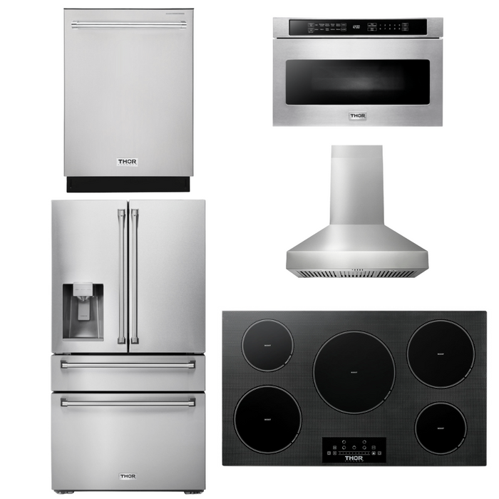 Thor Kitchen Package - 36" Induction Cooktop, Range Hood, Microwave, Refrigerator with Water and Ice Dispenser, Dishwasher, AP-TIH36-W-9