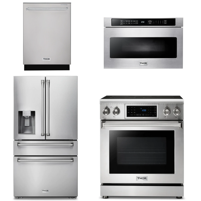 Thor Kitchen Package - 30" Electric Range, Microwave, Refrigerator with Water and Ice Dispenser, Dishwasher, AP-TRE3001-12