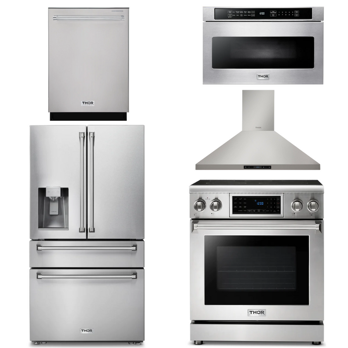 THOR Kitchen Package - 30" Electric Range, Range Hood, Microwave, Refrigerator with Water and Ice Dispenser, Dishwasher, AP-TRE3001-13
