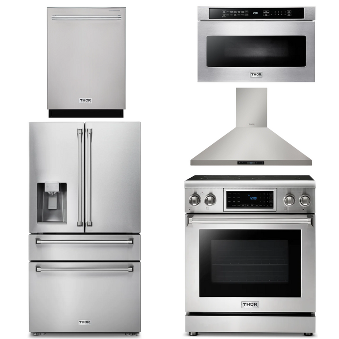 Thor Kitchen Package - 30" Electric Range, Range Hood, Microwave, Refrigerator with Water and Ice Dispenser, Dishwasher, AP-TRE3001-13