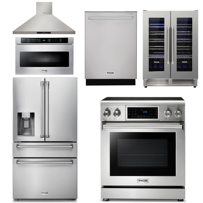 THOR Kitchen Package - 30" Electric Range, Hood, Microwave Drawer, Refrigerator with Water & Ice Dispenser, Dishwasher, Wine Cooler