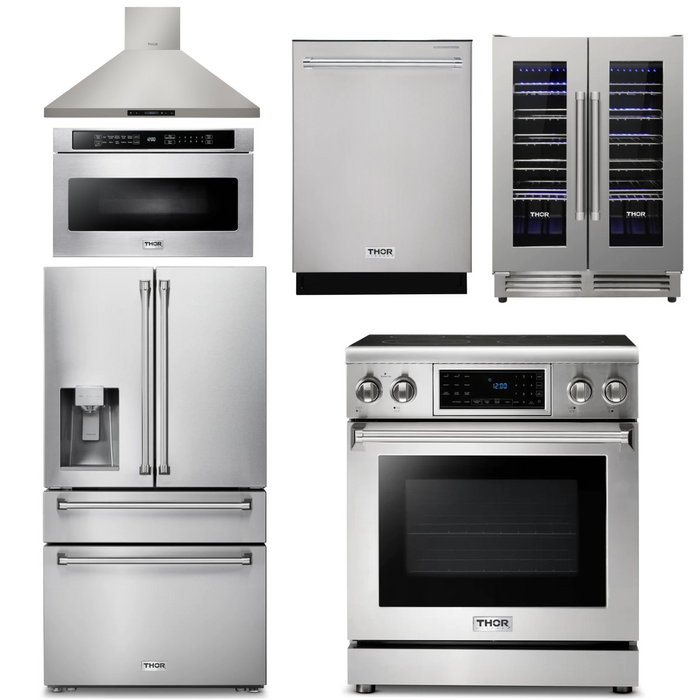 Thor Kitchen Package - 30" Electric Range, Hood, Microwave Drawer, Refrigerator with Water & Ice Dispenser, Dishwasher, Wine Cooler