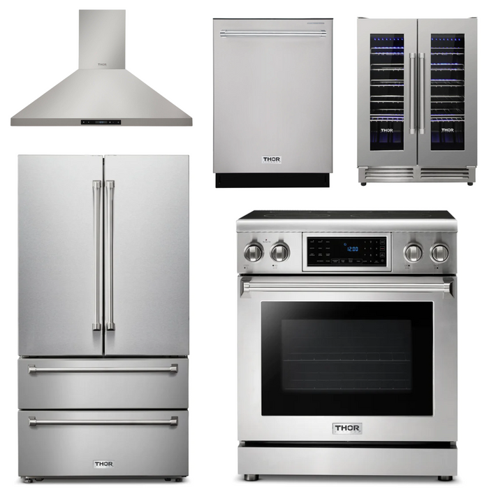 Thor Kitchen Package - 30" Electric Range, Range Hood, Refrigerator, Dishwasher, Wine Cooler, AP-TRE3001-4