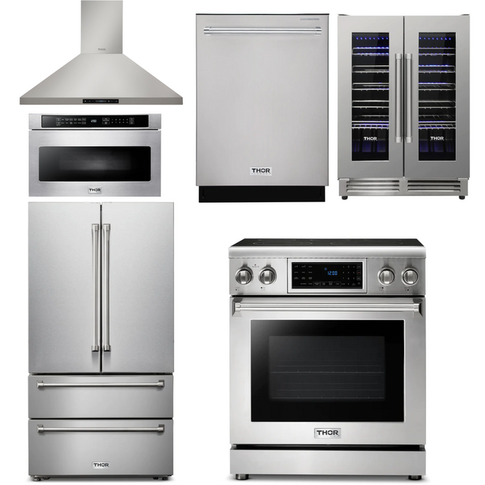 Thor Kitchen Package - 30" Electric Range, Range Hood, Microwave, Refrigerator, Dishwasher, Wine Cooler, AP-TRE3001-8