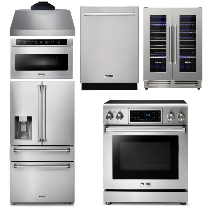 Thor Kitchen Package - 30" Electric Range, Range Hood, Microwave, Refrigerator with Water and Ice Dispenser, Dishwasher, Wine Cooler, AP-TRE3001-C-10