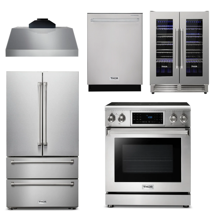 Thor Kitchen Package - 30" Electric Range, Range Hood, Refrigerator, Dishwasher, Wine Cooler, AP-TRE3001-C-3