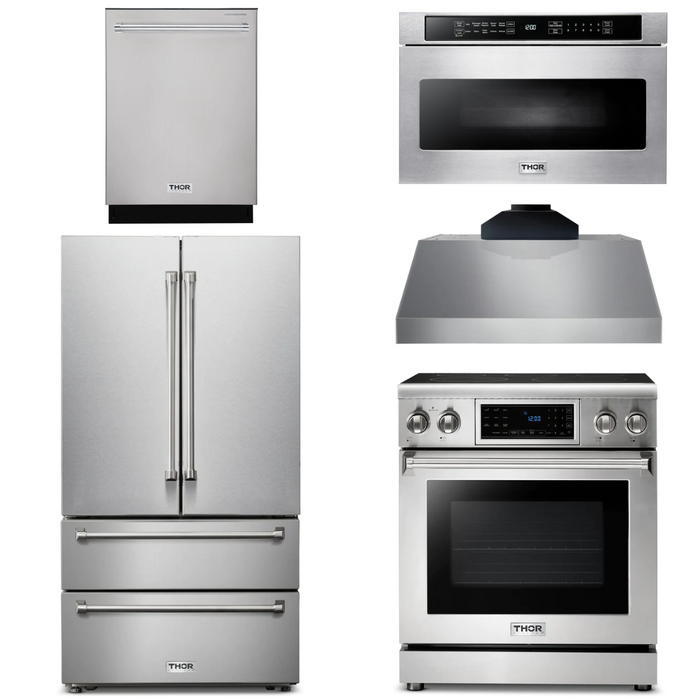 Thor Kitchen Package - 30" Electric Range, Range Hood, Microwave, Refrigerator, Dishwasher, AP-TRE3001-C-5