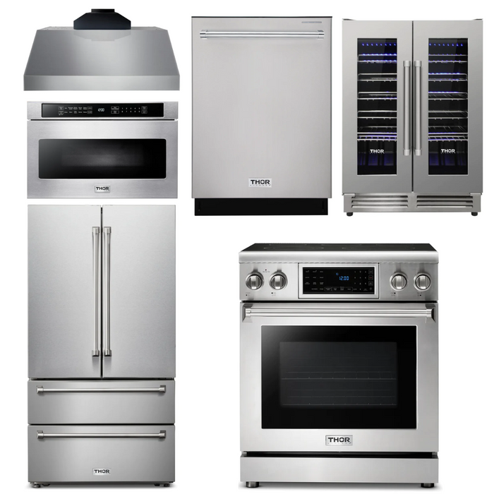 Thor Kitchen Package - 30" Electric Range, Range Hood, Microwave, Refrigerator, Dishwasher, Wine Cooler, AP-TRE3001-C-6