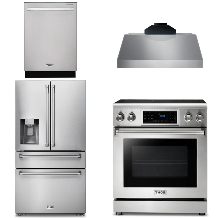 Thor Kitchen Package - 30" Electric Range, Range Hood, Refrigerator with Water and Ice Dispenser, Dishwasher, AP-TRE3001-C-7