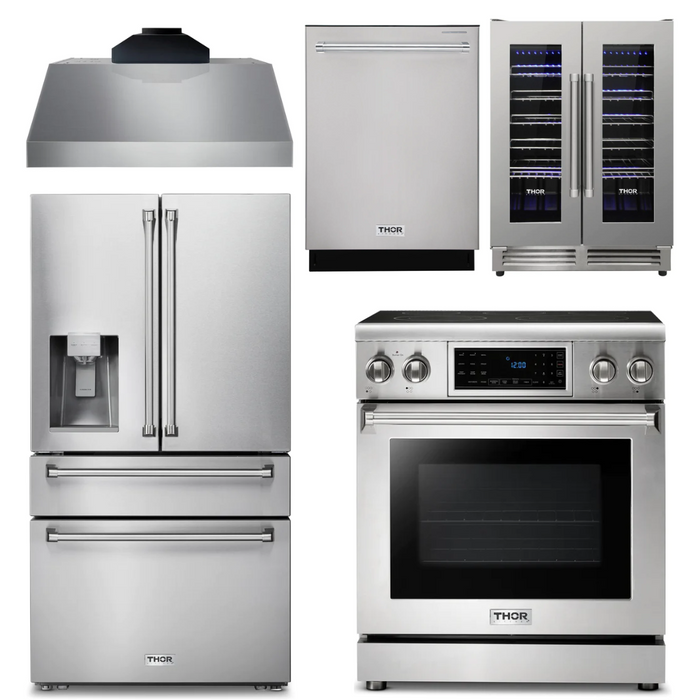 Thor Kitchen Package - 30" Electric Range, Range Hood, Refrigerator with Water and Ice Dispenser, Dishwasher, Wine Cooler, AP-TRE3001-C-8