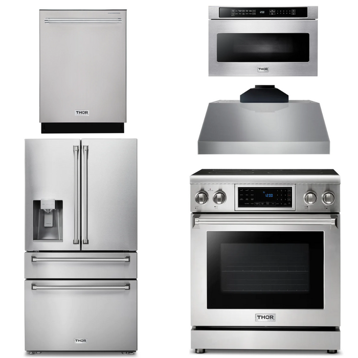 Thor Kitchen Package - 30" Electric Range, Range Hood, Microwave, Refrigerator with Water and Ice Dispenser, Dishwasher, AP-TRE3001-C-9