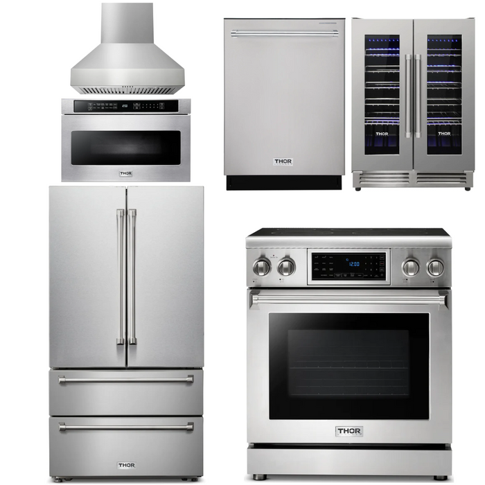 Thor Kitchen Package - 30" Electric Range, Range Hood, Microwave, Refrigerator, Dishwasher, Wine Cooler, AP-TRE3001-W-6